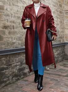 SHEIN Frenchy 大碼西裝領雙排釦腰帶PU皮革風衣外套 - 酒紅色 - 查看 5