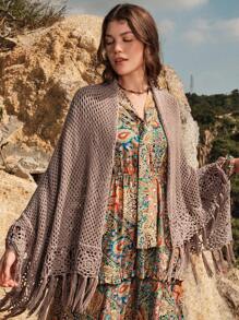 SHEIN BohoFeels 女士鉤針流蘇披肩開衫 - 卡其色 - 查看 7