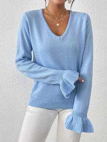 Chiquease Solid Flare Sleeve V Neck Sweater - Blue - View 7