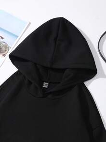 SHEIN Unity 標語圖案加絨內裏連帽衫 - 黑色 - 查看 3