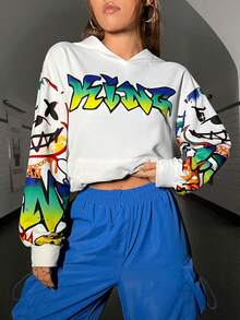 SHEIN Coolane Đồ họa Hoạt hình Thả vai Hoodie - trắng - Xem 2