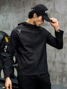Manfinity Sport Corelite 男式牛头印花拉链连帽运动夹克健身上衣运动夹克 - 黑色 - 查看 5
