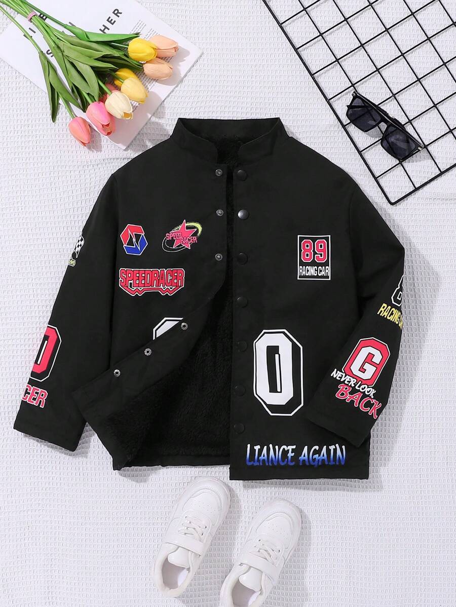 SHEIN Cô gái Tween Đồ họa Chữ cái Lót nhiệt Cúc bấm áo - màu đen - Xem 1