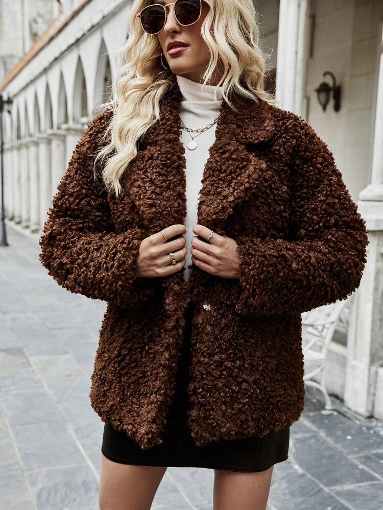 Lapel Neck Drop Shoulder Teddy Coat Fall Cloth For Women