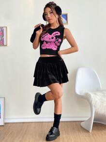 SHEIN EZwear Chaleco de punto crop con patrón de dibujos animados - Negro - Ver 4