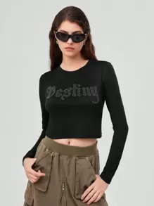Forever 21 Women's Short Crop Top With Rhinestone Letter Design - Black - View 1