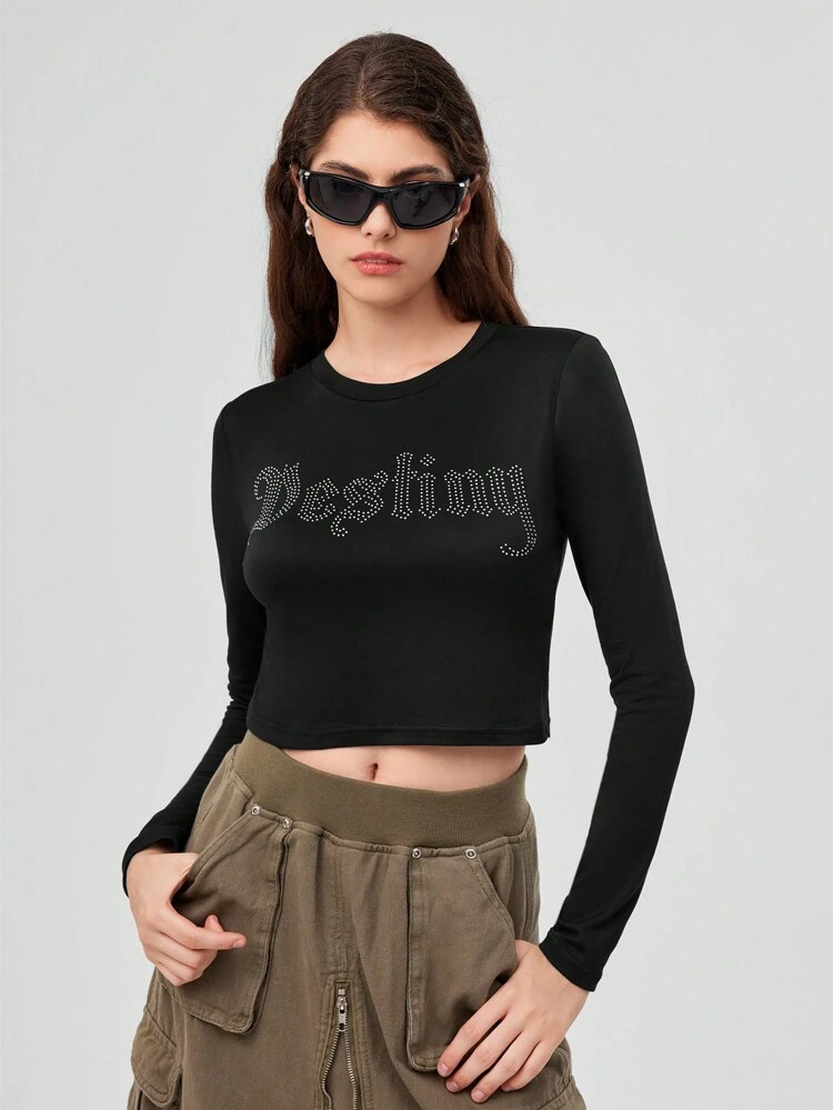 Women's Short Crop Top With Rhinestone Letter Design