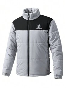 Manfinity Homme Abrigo acolchado con cremallera, bloque de color y gráfico de letras para hombre talla grande