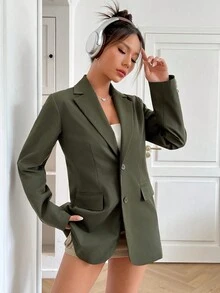 SHEIN EZwear Cổ áo Chi tiết về Flap Nút đơn Áo vest - màu xanh lá - Xem 3
