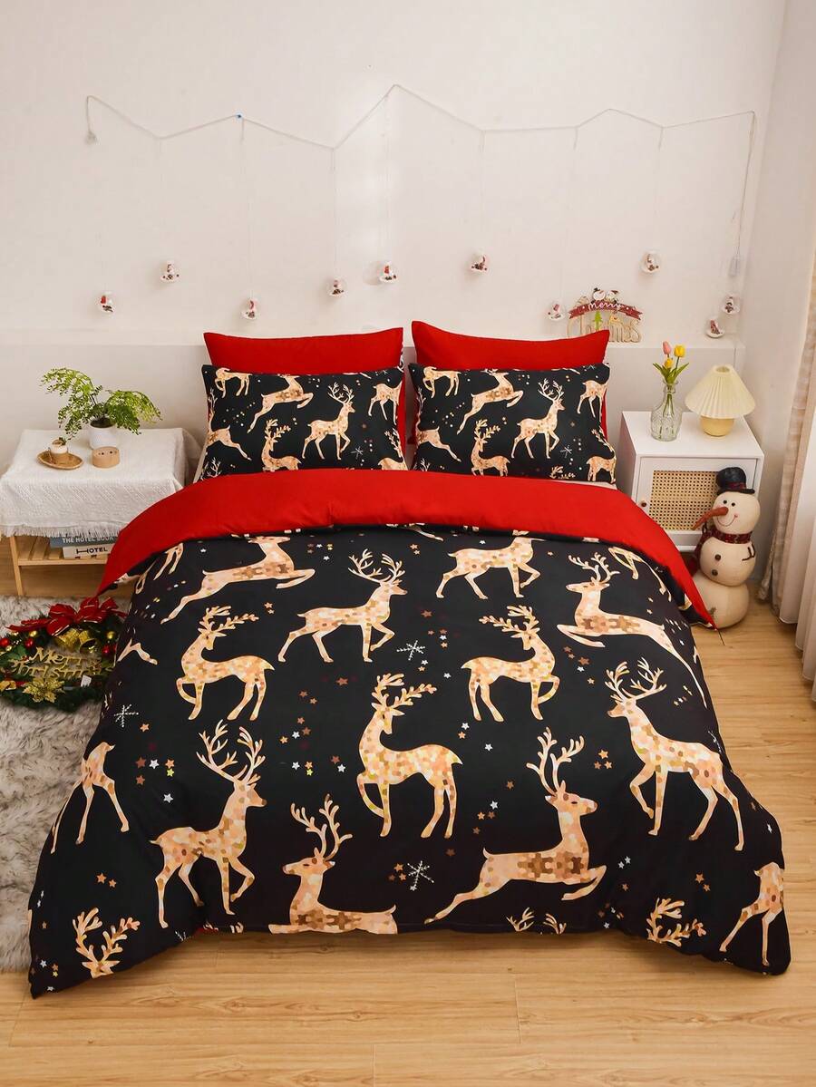 3pcs Christmas Duvet Cover Full Size, Deer Pattern Bedding Set Including 2 Pillowcases And 1 Duvet Cover For All Seasons - Multicolor - View 1