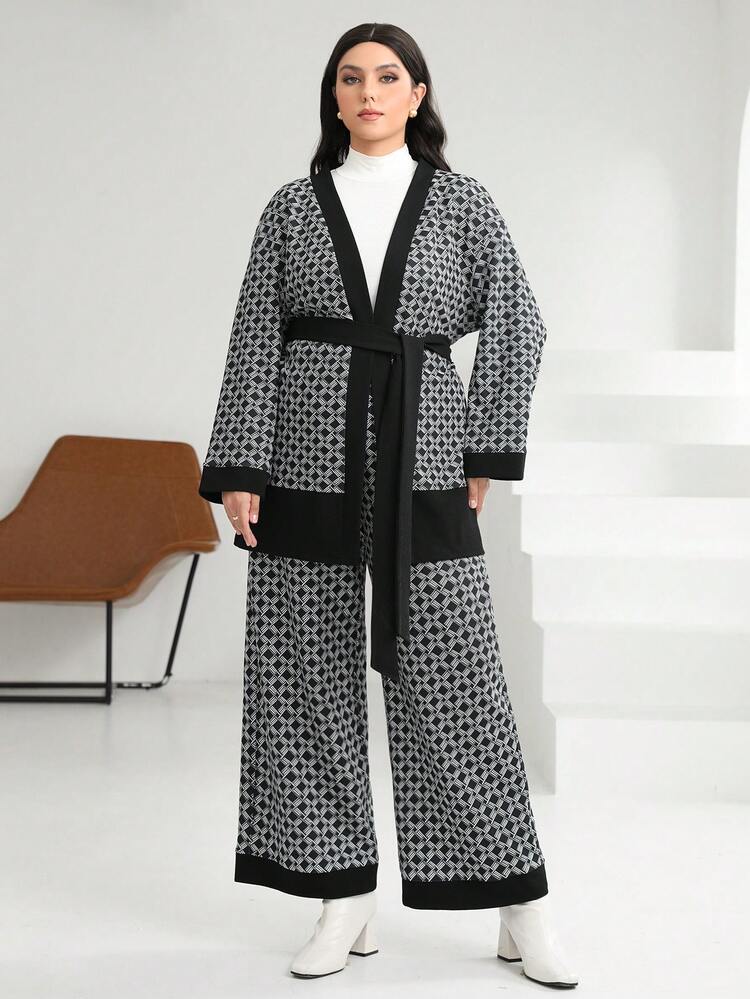 Plus Allover Print Belted Coat & Wide Leg Pants