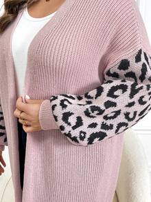 SHEIN LUNE Hơn Hoa văn Báo Thả vai Mở Mặt trước Viền chia cắt Áo len Duster - Hồng - Xem 6