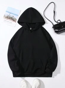 SHEIN Unity 標語圖案加絨內裏連帽衫 - 黑色 - 查看 2