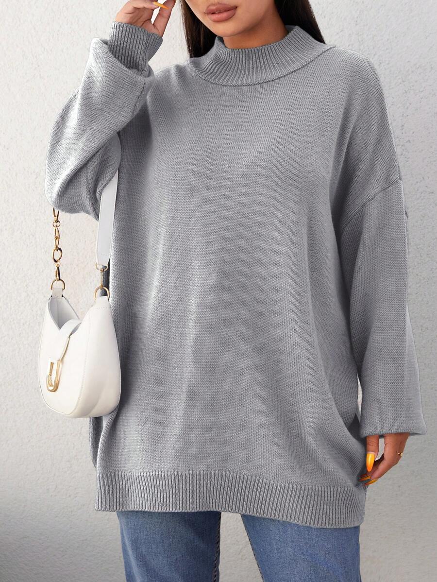 SHEIN Cottnline 女款大尺碼立領落肩毛衣 - 灰色 - 查看 1
