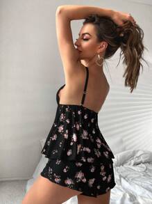 花卉印花蕾丝边蝴蝶结睡衣套装/睡衣套装