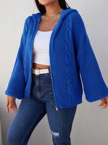 RueChic Plus Cable Knit Drop Shoulder Hooded Cardigan - Blue - View 4