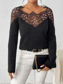 Calvaya Contrast Lace Raglan Sleeve Sweater