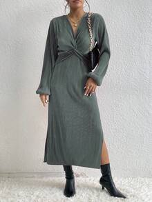 Twist Front Split Thigh Dress - Green - View 3