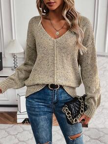 SHEIN Essnce 雜色針織落肩袖套頭毛衣 - 卡其色 - 查看 5