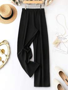 SHEIN LUNE Plus Solid Straight Leg Pants - Black - View 2