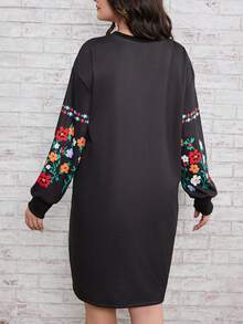 SHEIN LUNE Plus Floral Print Drop Shoulder Sweatshirt Dress - Black - View 2