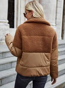 SHEIN LUNE 对比面板按扣加厚棉服外套衣服冬季 - 卡其色 - 查看 2