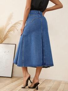 SHEIN LUNE 高腰褶皺細節牛仔半身裙 - 深色水洗藍 - 查看 2