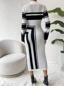 SHEIN Essnce Striped Pattern Mock Neck Sweater Dress - Black and White - View 2