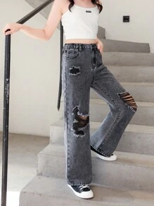 Cô gái Tween Rách Quần legging thẳng - Màu xám đen - Xem 4
