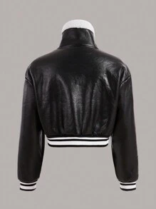 SHEIN EZwear Striped Trim Drop Shoulder PU Leather Jacket In Fall/Winter - Black and White - View 2