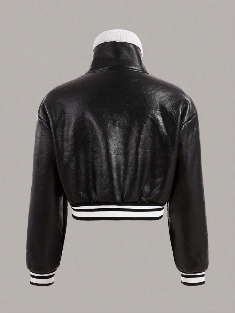 Striped Trim Drop Shoulder PU Leather Jacket In Fall/Winter