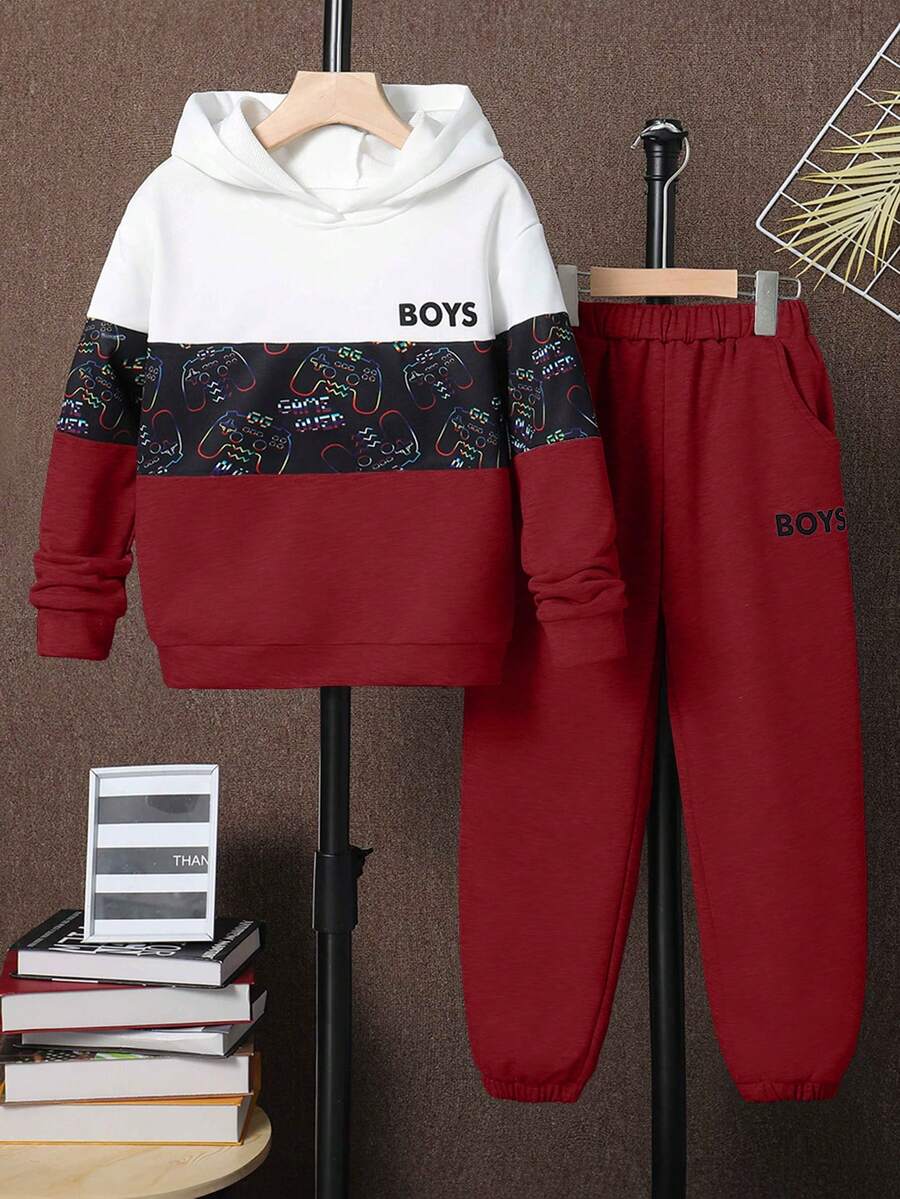 SHEIN Tween Boy Letter Graphic Colorblock Hoodie & Sweatpants - Burgundy - View 1