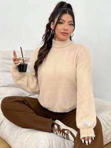 SHEIN Unity Plus Size High Neck Sweater With Letter Patchwork And Dropped Shoulders - Khaki - View 1