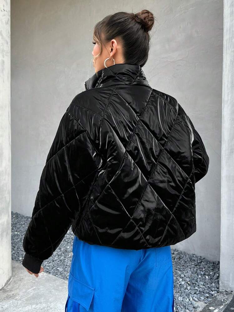 Diamond Quilted Zippered Stand Collar Jacket