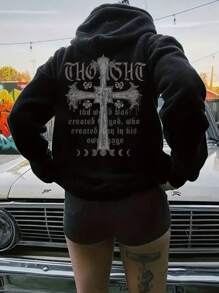 INAWLY Letter Graphic Drop Shoulder Drawstring Thermal Lined Hoodie - Black - View 1