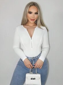 Zolique Half Zip Ribbed Knit Slim Fit Bodysuit