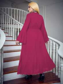 Flirla Plus Button Front Trumpet Sleeve Lettuce Trim Dress - Hot Pink - View 2
