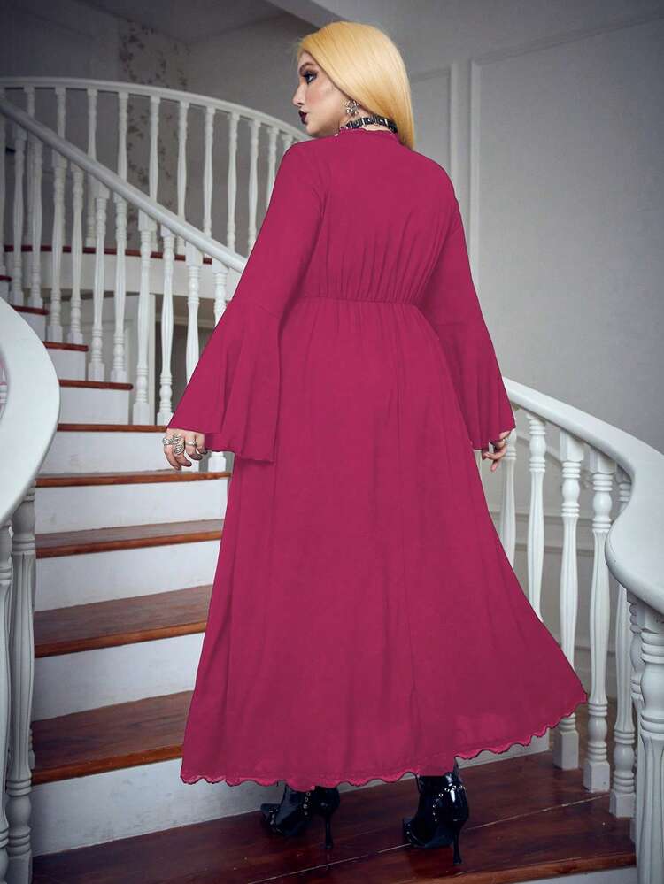 Plus Button Front Trumpet Sleeve Lettuce Trim Dress