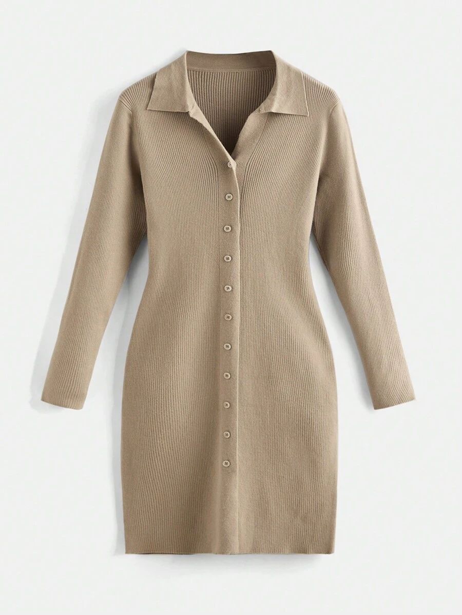 SHEIN BASICS Talla grande Vestido de punto con botón delantero tejido de canalé - Caqui - Ver 1
