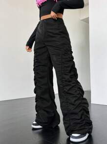 SHEIN Coolane Women's Pleated Wide Leg Trousers - Black - View 3