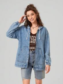 Forever 21 Women's Hooded Denim Jacket With Zipper Closure, Drawstring & Pockets - Blue - View 3