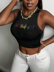 Slaydiva Đồ họa Khẩu hiệu Crop Tank Top - màu đen - Xem 4