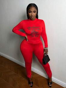 Slaydiva 標語圖案小高領彈力緊身連體褲 - 玫紅色 - 查看 6