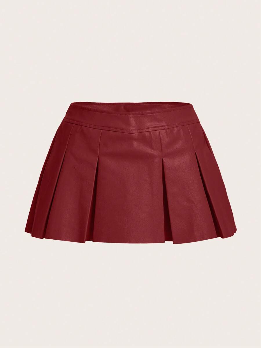 SHEIN ICON 春季純色褶皺pu皮迷你裙 - 酒紅色 - 查看 1
