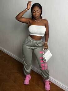 Slaydiva Letter Graphic Elastic Waist Sweatpants - Dark Grey - View 7