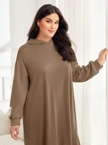 Mulvari Plus Letter Graphic Drop Shoulder Hooded Sweatshirt Dress - Khaki - View 4