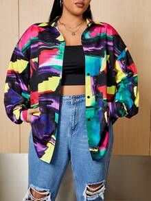 SHEIN EZwear Của phụ nữ Kích thước lớn Áo sơ mi Với Thả vai Và In Tất cả - Đen và trắng - Xem 3