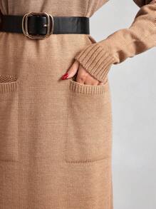 EURMUSE Turtleneck Dual Pocket Split Hem Sweater Dress - Brown - View 4