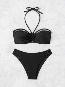 SHEIN Swim Conjunto de bikini de dos piezas de unicolor con cuello halter para playa de verano - Negro - Ver 4