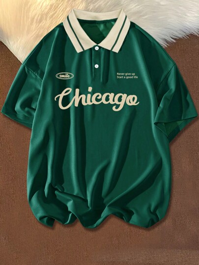 Manfinity Campus Court Men Plus Size Slogan Print Contrast Collar Polo Shirt Letter Chicago Dark Green Casual Polo Shirt